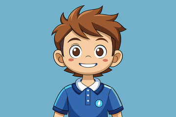 A cheerful young boy stands confidently, smiling widely. He has light brown hair and wears a blue polo shirt, creating a friendly and approachable appearance.
