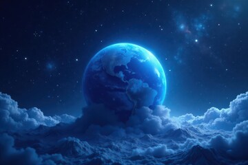 Celestial Orb Rising Above a Dreamlike Cloudscape, Illuminated by a Starry Night Sky