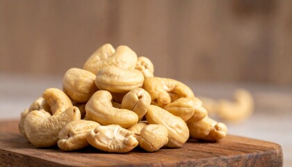 Fototapeta premium Photo of cashew nuts on a wooden cutting board with a blurred background