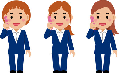 スマホで電話する紺色スーツの若い女性。その2