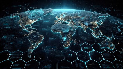 Futuristic digital map of the world showing continents outlined with glowing blue lines and illuminated cities, set against a dark technological background with hexagonal grid patterns