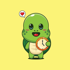 Cute turtle cartoon vector illustration with clock