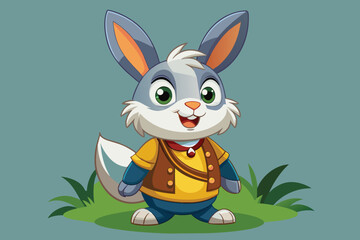 A stylized rabbit character with grey fur and striking green eyes smiles warmly in a vibrant green setting. The character is dressed in a colorful outfit, radiating cheerfulness.
