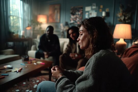 thoughtful woman sitting on a couch in a cozy, warmly lit living room with two people quietly sitting in the background, creating an intimate and relaxed atmosphere