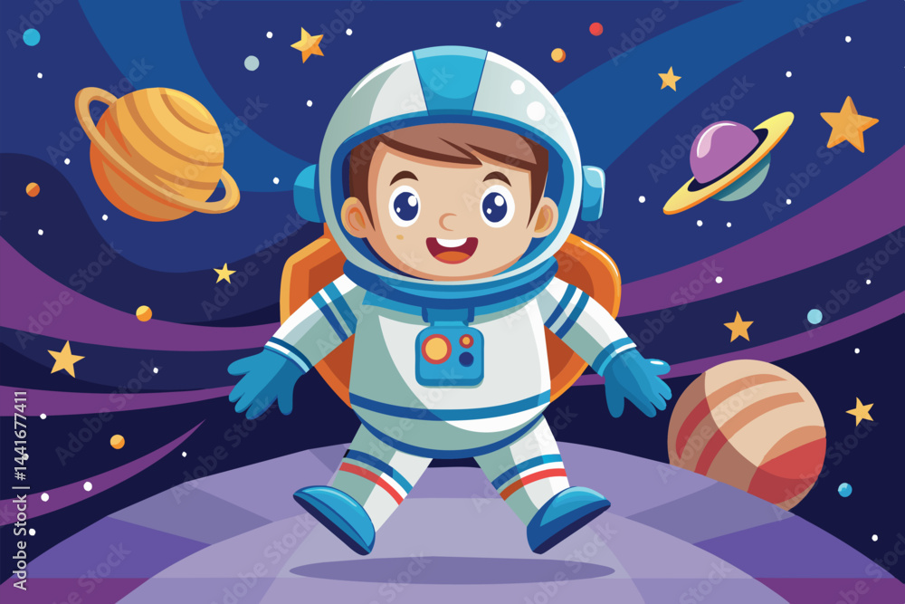 Poster a joyful child dressed as an astronaut stands on a distant planet surrounded by vibrant planets and 