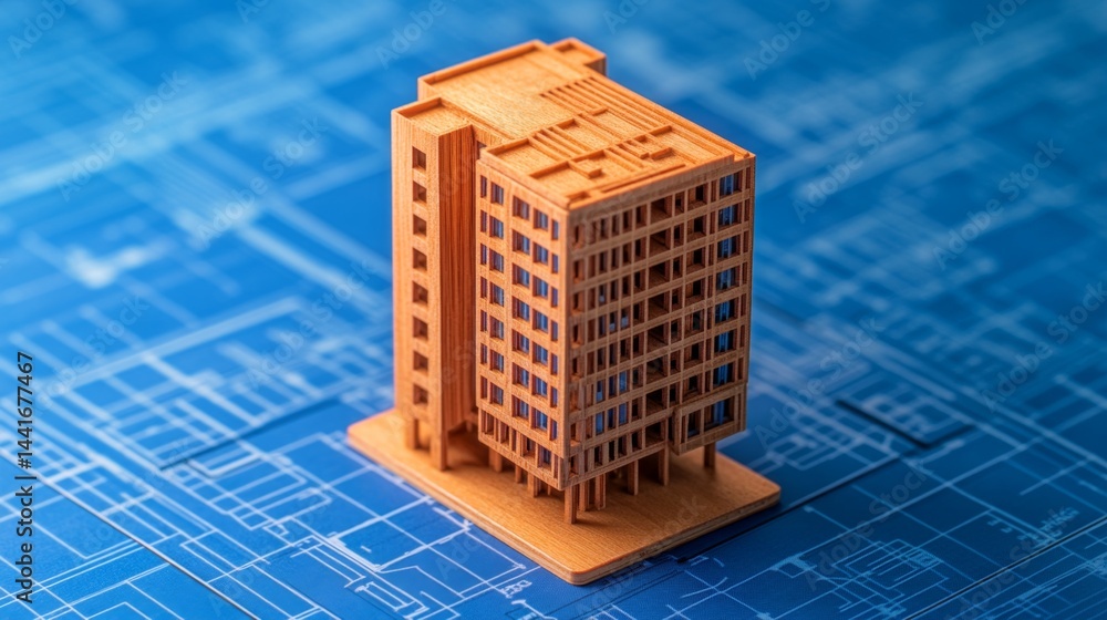 Poster architectural model of a modern building on blueprints design studio 3d print urban environment clos