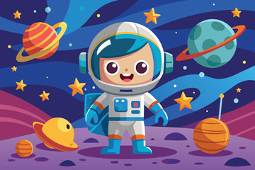 A joyful child dressed as an astronaut stands on a whimsical extraterrestrial terrain surrounded by colorful planets and shining stars in space.