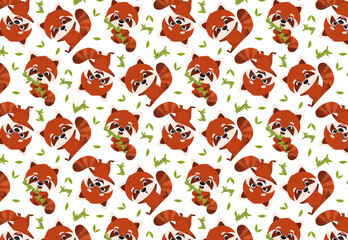 Fototapeta premium Pattern with funny red panda in different poses. Seamless. Vector hand drawn illustration
