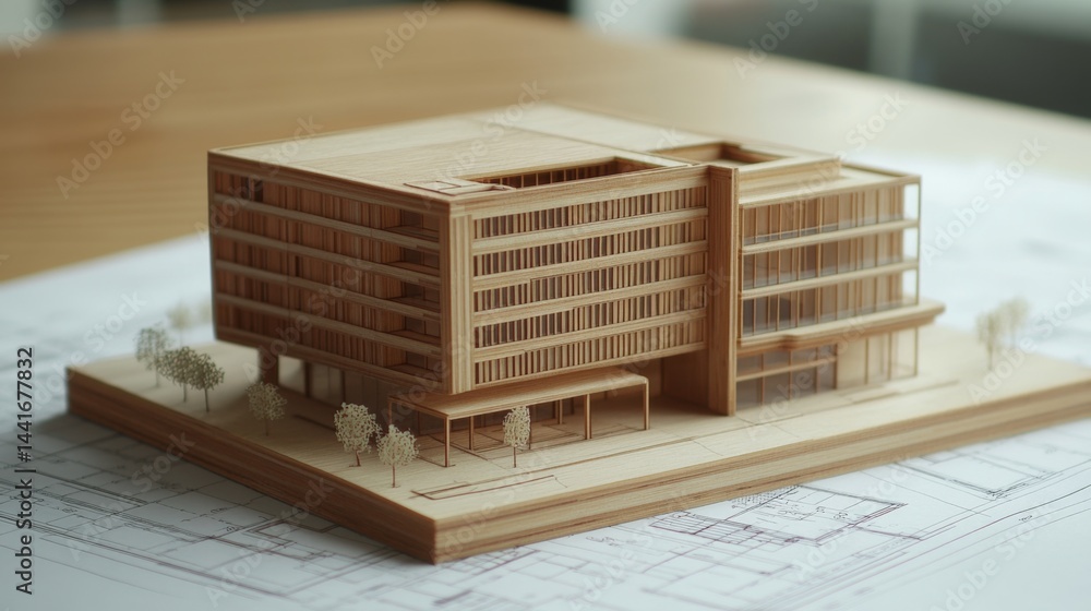 Poster architectural model display design studio wooden structure modern environment close-up view conceptu