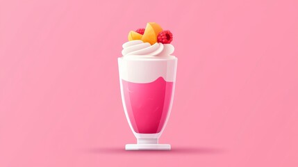 Illustrative Line Art Depiction of a Fruit Parfait in a Glass with Colorful Toppings on a Pink Background