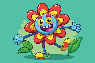 Fototapeta premium A lively cartoon flower character with bright colors and a happy expression dances playfully among lush green leaves, showcasing a vibrant and colorful background.