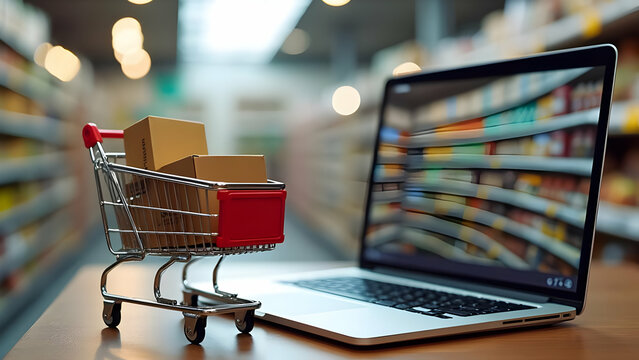 Cart with Product Boxes and Laptop Showing Grocery Marketplace