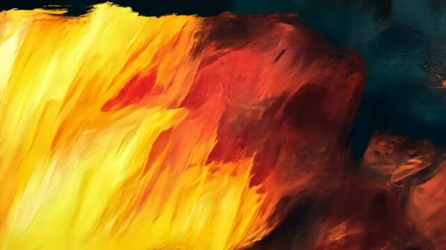Fiery landscape, abstract brushstrokes, vibrant colors, dark background, texture