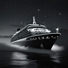 A dramatic, high-contrast black and white cinematic photograph of a sleek, modern cruise ship sailing through the dark, moonless night, its elegant hull gleaming with subtle highlights, against the in