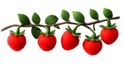 Vibrant red felt strawberries on a branch