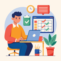 Young man with computer fills schedule calendar vector 