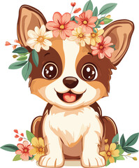 Cute summer baby dog with flower wreath Cartoon