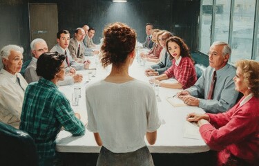 A diverse group of people engaged in a serious meeting around a long table in a dimly lit room with a woman standing at the forefront, creating a tense and focused atmosphere