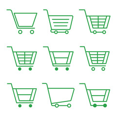 Set of shopping basket or shopping cart icon. Green cart icons. Shop trolley in vector design style, isolated white