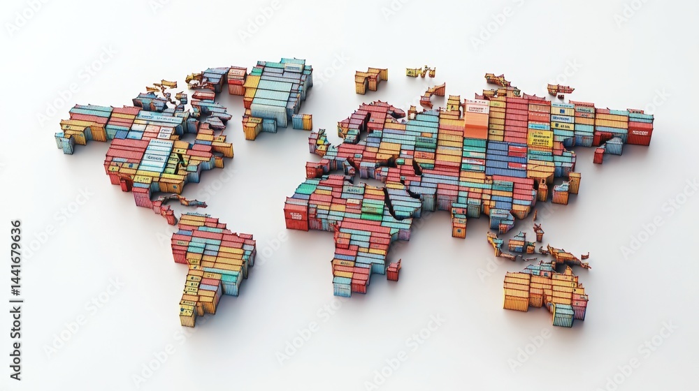 Poster global trade routes shipping containers map world overview 3d visualization business geographical pe