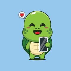 Cute turtle cartoon vector illustration with mobile phone