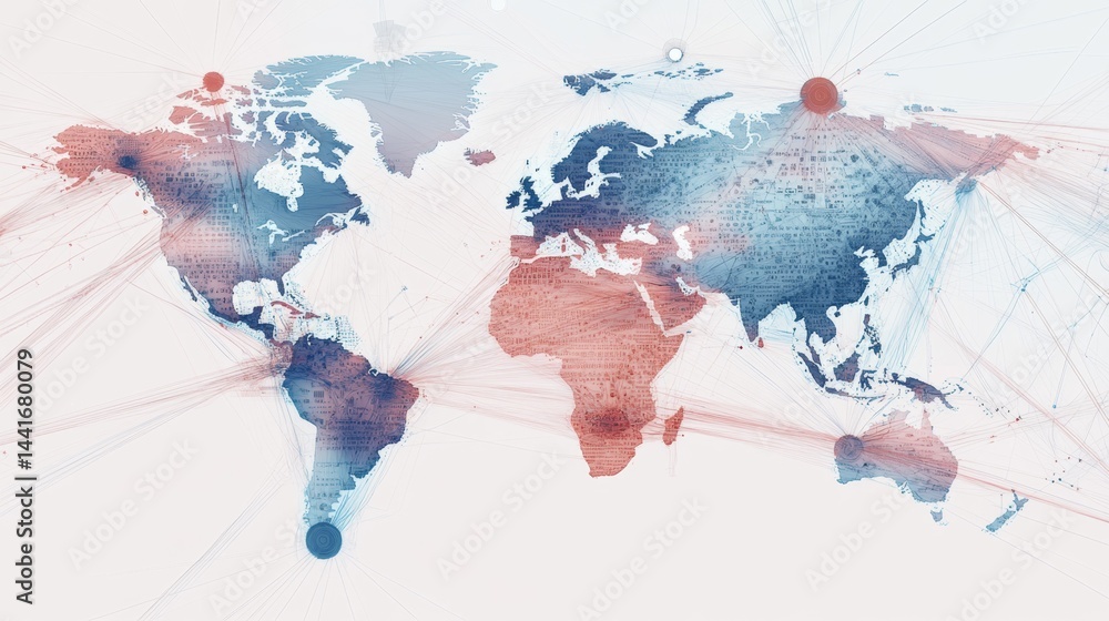Poster global connectivity a digital world map illustrating data flow and interconnectivity across continen
