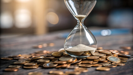 Tax Hikes Revenue Economic Impact Hourglass surrounded by coins symbolizes the concept of time and money management.