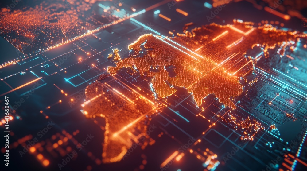 Poster global digital connectivity action world map visualization data representation technology environmen