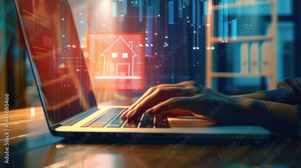 Poster hand typing on laptop keyboard with digital house icon floating above glowing futuristic data interf