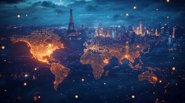 Global cityscape night view paris digital art urban environment aerial perspective illuminated world map