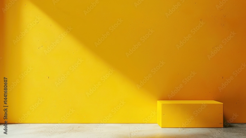 Poster minimalistic bright yellow room corner with smooth walls and a small rectangular pedestal bathed in 