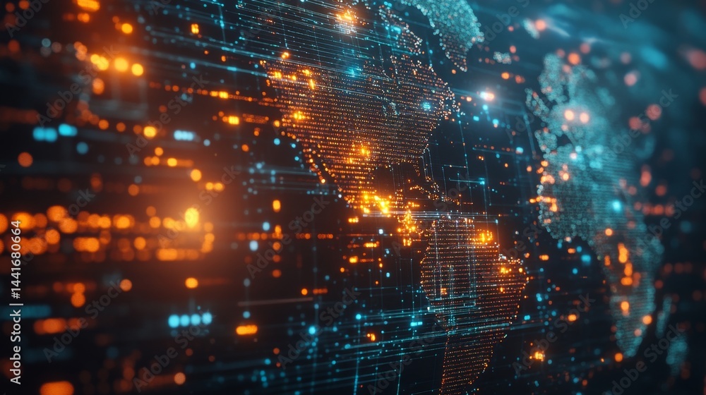 Poster global data visualization digital map of information flow technology abstract futuristic viewpoint