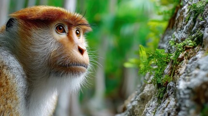 Naklejka premium Double exposure proboscis with burning jungle in endangered species concept. A close-up of a monkey highlighting its curious expression.