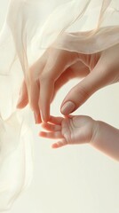 Mother gently holding baby girl's fingers in tender moment, symbolizing love and care in simple home setting with soft lighting and minimalist high-resolution composition