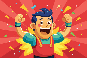 A joyful boy showcases his excitement as he celebrates a victory, flexing his muscles against a vibrant backdrop filled with confetti and color.