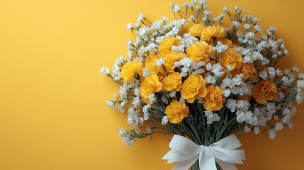Yellow and white carnation bouquet with ribbon on solid-color background, elegant minimalist floral arrangement with vibrant contrast for versatile design applications.