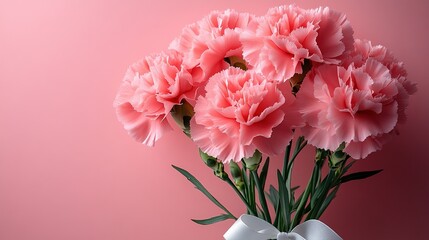 Fototapeta premium Pink carnation bouquet with white ribbon on light red background, full bloom flowers with elegant ruffled petals and space for text, symbolizing Mother's Day love