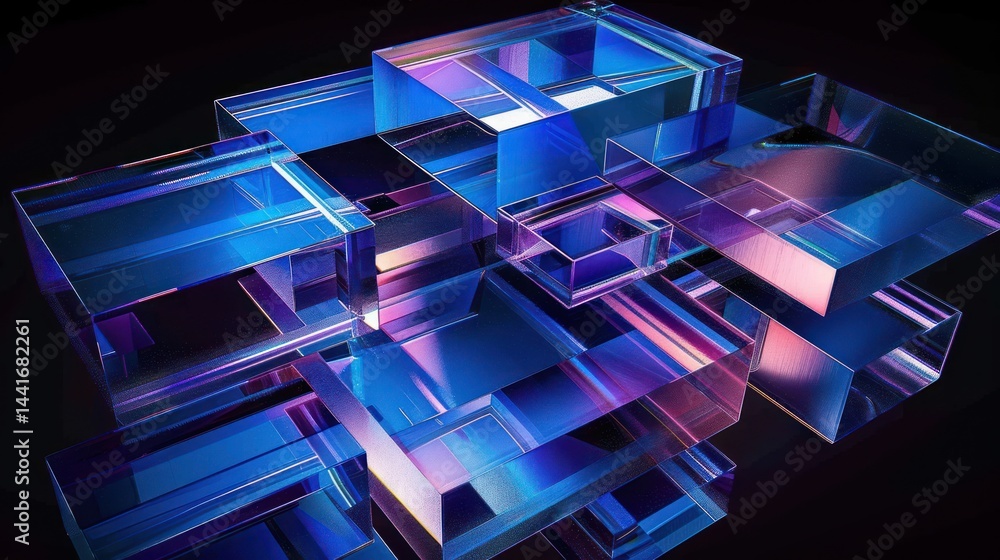 Poster abstract arrangement of transparent glass-like rectangular prisms stacked and intersecting with blue