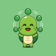 Cute turtle cartoon vector illustration circus attraction with balls