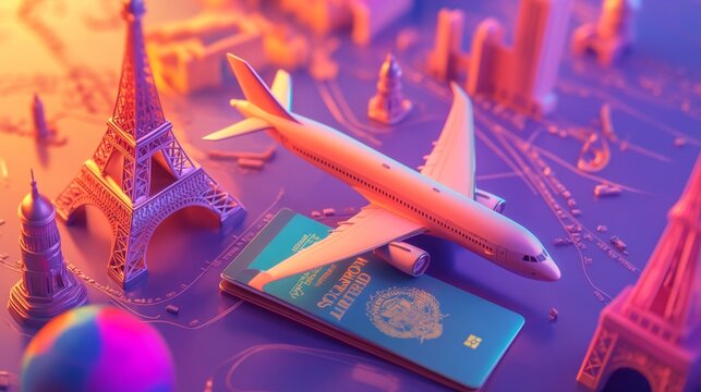 Travel planning essentials airplane passport eiffel tower desk setup vibrant environment conceptual imagery