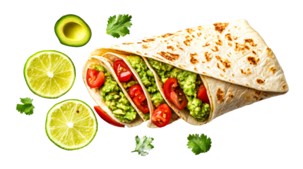 Fresh guacamole wrap with lime and avocado slices