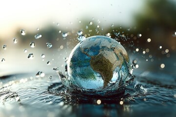 A globe-shaped water droplet splashes into a reflective surface, symbolizing the connection between Earth and water.