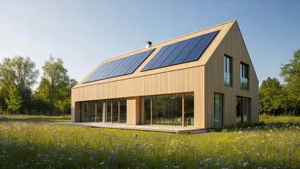 Modern sustainable wooden house with pitched roof and integrated solar panels in a sunny natural meadow landscape
