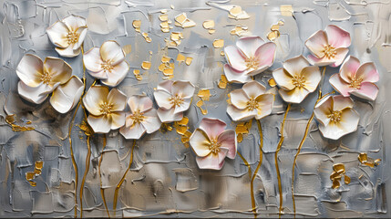 Elegant 3D floral painting with gold accents , modern wall art, Beautiful spring white flower with golden leavs on decorative background as wallpaper illustration, Elegant White Pink Gold Flower	