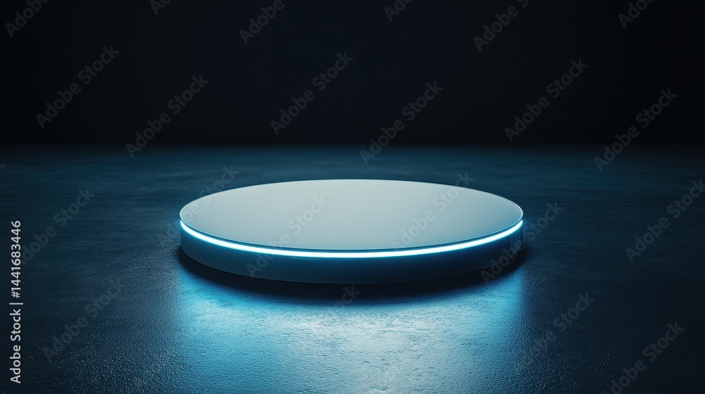 Poster empty circular platform illuminated by glowing blue light.