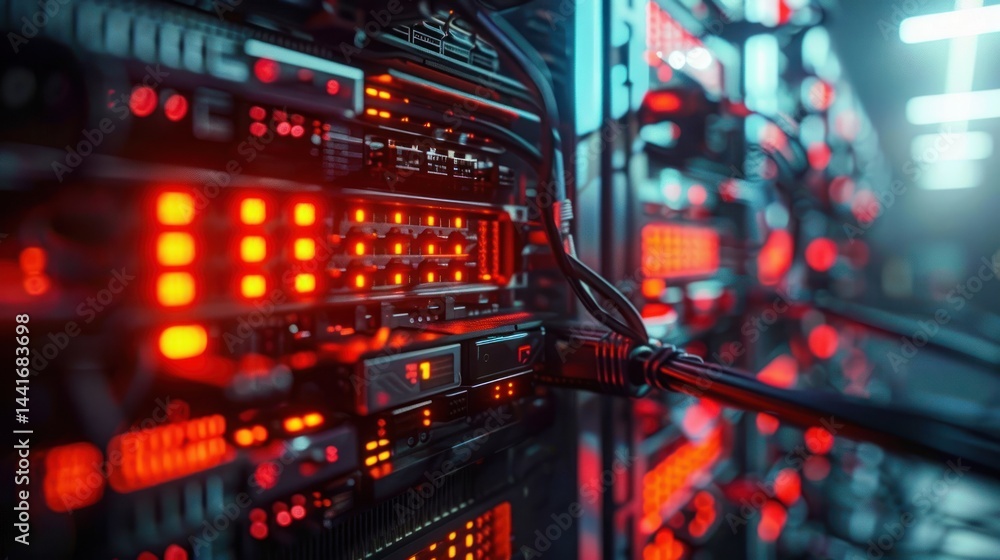 Aufkleber close-up view of a data center server rack with glowing red and orange led indicators, cables connec
