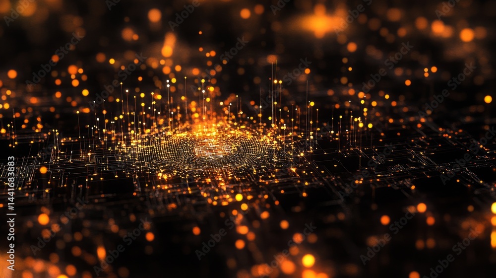 Poster dynamic light particles create a digital universe virtual space abstract art high-tech close-up digi