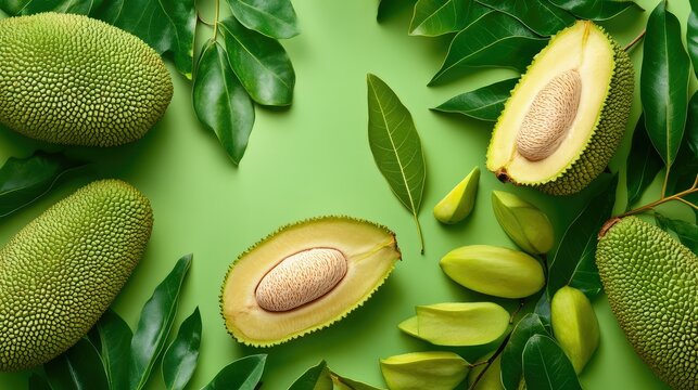 Jackfruit green skin and rugged texture highlighted alongside fresh leaves