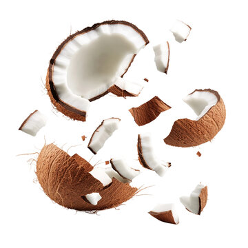 Crashed broken coconut flying or floating. Falling pieces of coconut, isolated [Transparent Background PNG]. 