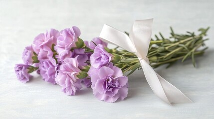 Purple carnation bouquet with white ribbon on light blue background, artfully arranged with lavender accents and delicate petals for Mother's Day gifts and romantic decor.
